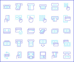 Simple Set of atm Related Vector Line Icons. Vector collection of money, credit card, banking, loan, finance, credit, deposit, income, payment and design elements symbols or logo element.