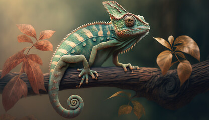 realistic illustration of a chameleon sitting on a tree 