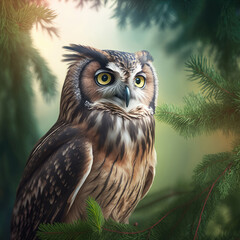 Close-up of an owl sitting on the fir tree branch in a forest, Generative AI