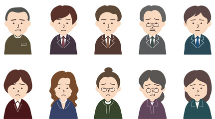 スーツを着た男性と女性人物のアイコンセット_困り顔