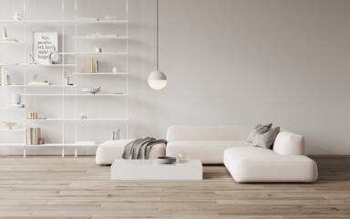 3d rendering of modern living room with sofa and white coffe table, open shelf with decor and books, white decorative pillows. Wooden floor. Hanging round lamp