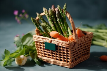 Wooden crate filled with asparagus and farm fresh vegetables - Generative AI