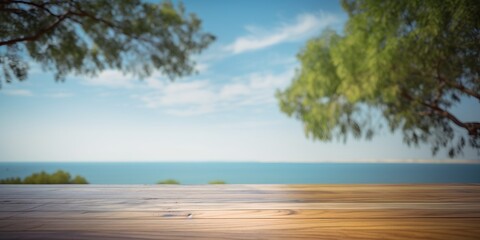 Empty wooden table on sea background, Desk of free space for product display. Created Generative Ai