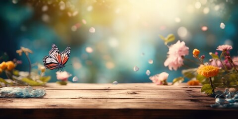 Empty wooden table with spring flower and butterfly background, Free space for product display. Generative Ai