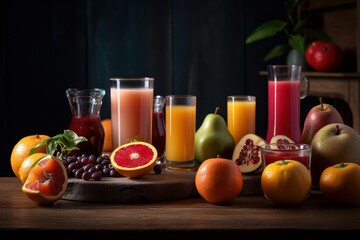 Fresh fruits juice on dark background, Healthy beverage rich in vitamins. Created Generative Ai - obrazy, fototapety, plakaty