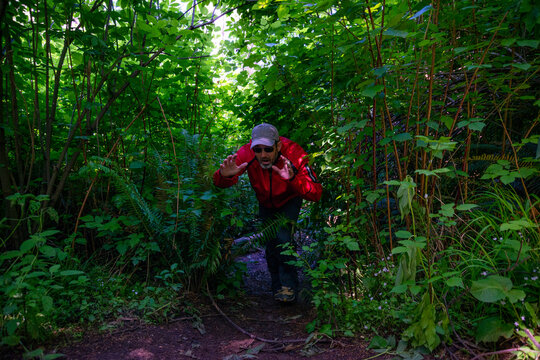 Adventurous athletic man acting funny as he walks out of the bushes covering a hiking trail on the rugged coastline of the Pacific Northwest.
