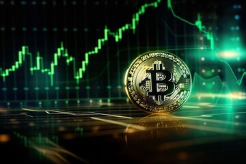 Bitcoin with green graph on computer screen background, Crypto currency trading. Generative Ai