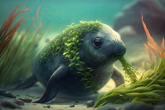 seal holding a plant in its mouth. Generative AI