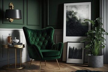 cozy living room with green velvet chair and walls. Generative AI