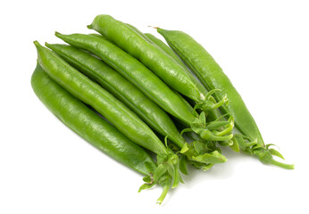 Pods of green sweet peas isolated on white background.