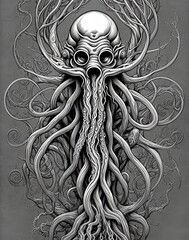 Cthulhu monster head with tentacles. black and white drawing. Generative AI.