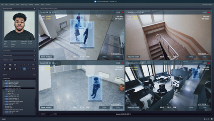 Playback CCTV cameras in business office on computer screen. Interface of AI futuristic program with information and recognition system. Security cameras. Concept of identification and tracking.