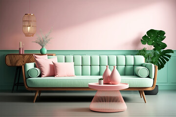 Modern creative interior design in green studio with plant pot and sofa. Pastel blue and pink color background. generative ai