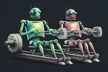 Naklejka premium two robots perched on a large industrial machine. Generative AI