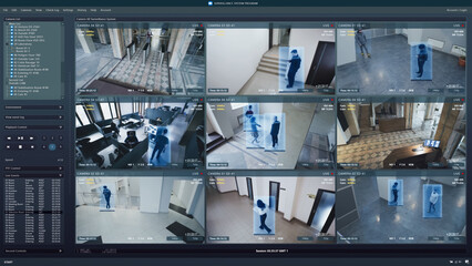 CCTV cameras playback on computer screen. People walk in coworking office. Interface of AI program with scanning and recognition people. Security cameras. Surveillance and observation digital system. - obrazy, fototapety, plakaty