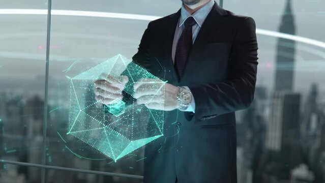 Businessman with AI and Natural Language Processing hologram concept