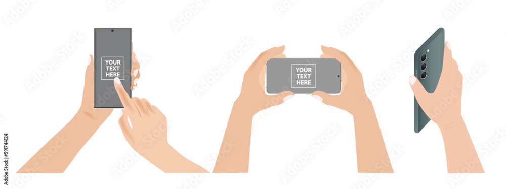 Poster hand holds the mobile phone in horizontal and vertical positions with blank screen in different posi