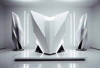 Futuristic stage in a spaceship showroom floor with copy space for product display mock up . White clean background with glowing white wall . Sublime Generative AI image 