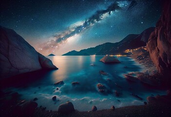 Arched Milky Way over the beautiful mountains and blue sea at night in summer. Colorful landscape with bright starry sky with Milky Way arch, moonlight, constellation, water. Galaxy.. Generative AI