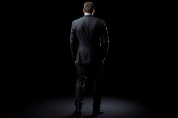 Fototapeta na wymiar Business Concept. Isolated Businessman in Black Suit on black Background