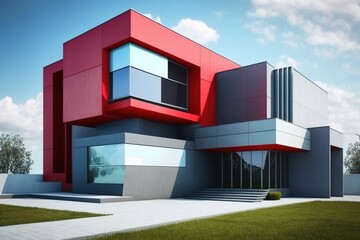 Exterior, street view of a huge home in red and gray, high-tech design, on a bright sunny day with a blue sky in the backdrop. Generative AI