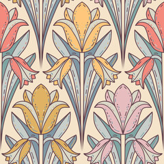 Hand-drawn Bluebell flowers. Seamless vector pattern in pastel yellow, red, pink colors. Botanical print for textile, fabric, packaging. Modern abstract symmetrical floral background