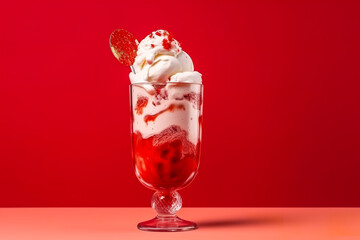 delicious ice cream in a elegance glass. Summer cold ice cream dessert concept on red background - Generative AI