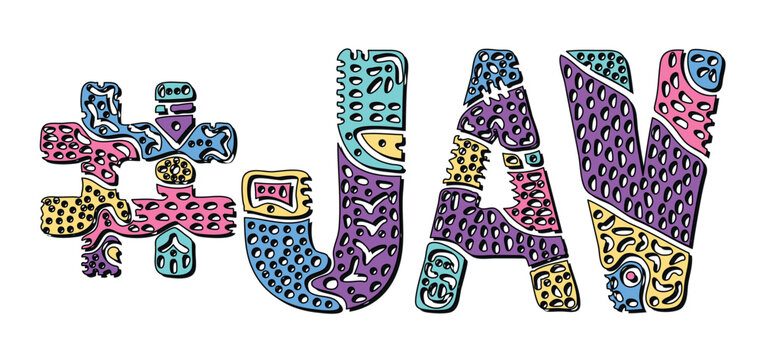 JAV Hashtag. Multicolored bright isolate curves doodle letters with ornament. Popular Hashtag #JAV for japanese adult video web resources, mobile apps.
