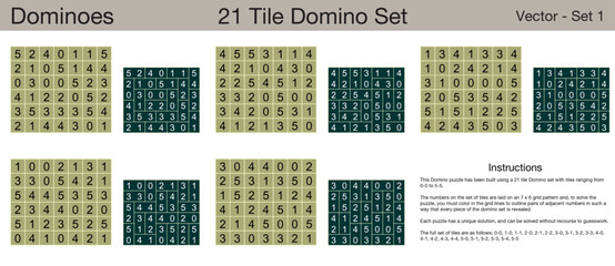 5 21 Tile Dominoes Puzzles. A set of scalable puzzles for kids and adults, which are ready for web use or to be compiled into a standard or large print activity book.