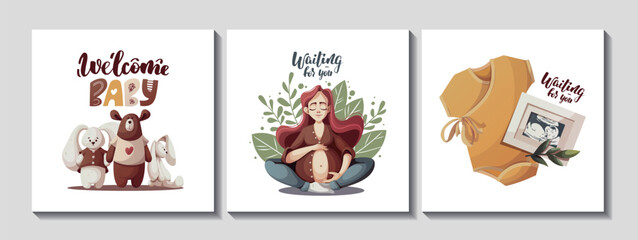 Set of cards with pregnant women, baby bodysuit, baby toys and ultrasound baby picture. Motherhood, Pregnancy, Childbirth, baby waiting, babyhood concept. Square Vector Illustration for poster, card, 