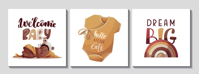 Set of cards with sleeping baby girl, bodysuit, handwritten text. Newborn, Childbirth, Baby care, babyhood, childhood, infancy concept. Square Vector illustration for card, postcard, cover.