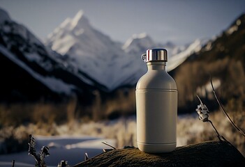snow-white insulated drinking flasks with liquid against backdrop of mountain landscape. Generative AI