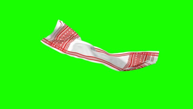 Assamese Gamosa or Gamusa embroidery motifs fabric wave loop. muga silk cloth fluttering in the wind or waving red and white cloth. red Indian pattern. n green screen