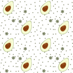 Cute Avocado drawing on white background beautiful seamless pattern. For printing, fabric, textile, manufacturing, wallpapers.