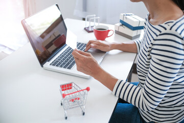 Fototapeta na wymiar Woman and Small shopping cart with Laptop for Internet online shopping concept.