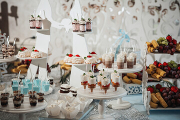 A delicious wedding. Candy bar for a banquet. Celebration concept. Fashionable desserts. Table with sweets, candies. Fruits