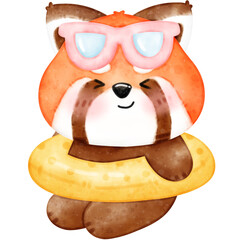 Cute Red Panda in Summer illustration, watercolor red panda, watercolor summer, summer red panda, summer illustration