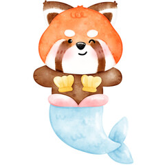 Cute Red Panda in Summer illustration, watercolor red panda, watercolor summer, summer red panda, summer illustration