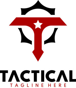 Logo for tactical gear company that is a military logo tactical shield logo with letter t