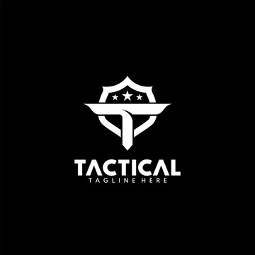 Logo for tactical military gear company that is on the top of a black logo tactical shield logo