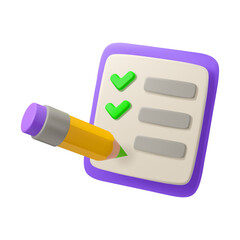 Vector 3d icon todo list with checkmark and pencil. Survey or feedback concept, isolated on white background © olenago