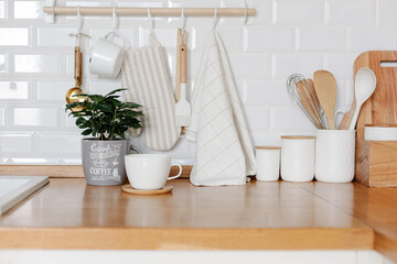 Coffee tree plant, mug and other food storage on wooden table white kitchen.