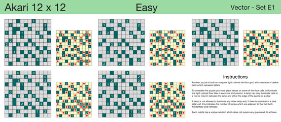 5 Easy Akari 12 x 12 Puzzles. A set of scalable puzzles for kids and adults, which are ready for web use or to be compiled into a standard or large print activity book.