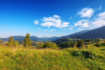 mountain landscape with grassy meadow. view in to the distant rural valley. sunny summer morning