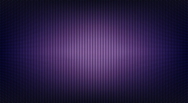 Led digital display. Lcd screen texture. TV pixel background. Violet television videowall. Monitor with dots. Electronic purple diode effect. Projector grid template. Vector illustration.
