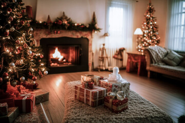 Fototapeta na wymiar Christmas tree and gifts in the living room
