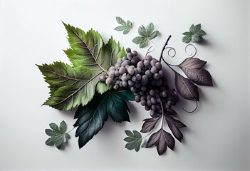 a bunch of grapes with leaves on a white background with a shadow of the grapes on the left side of the frame and the top of the grapes on the right side. generative ai