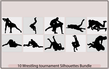 Sparring of two male athletes in wrestling,silhouette of male wrestler,fighters vector silhouette,