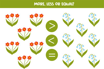 More, less or equal with cartoon cute flowers.