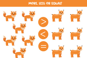 More, less or equal with cartoon cute woodland animals.